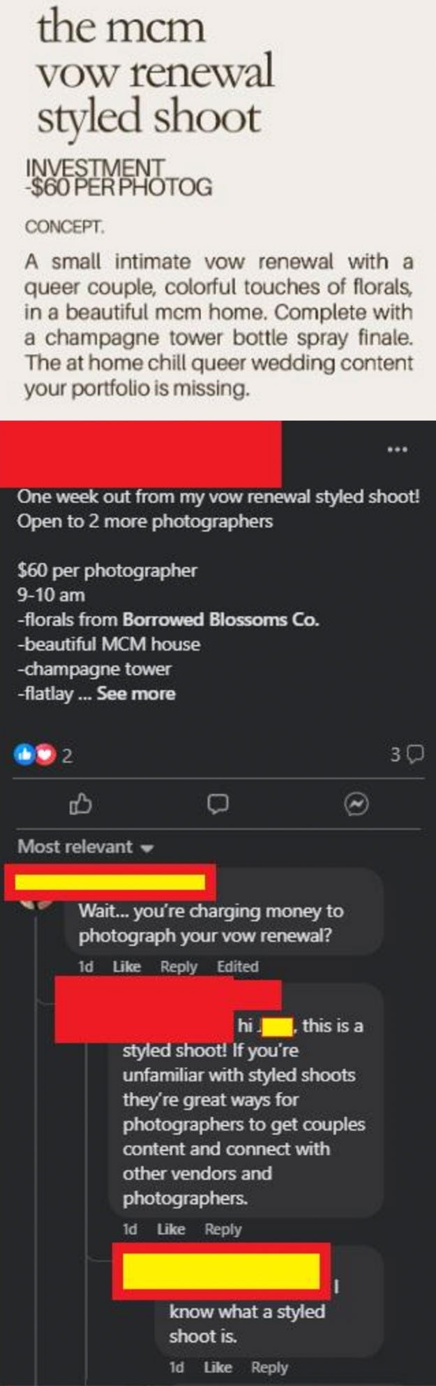  A conception  for a vow renewal sprout  with costs, institution  details, and comments questioning the complaint  and knowing  of a styled shoot