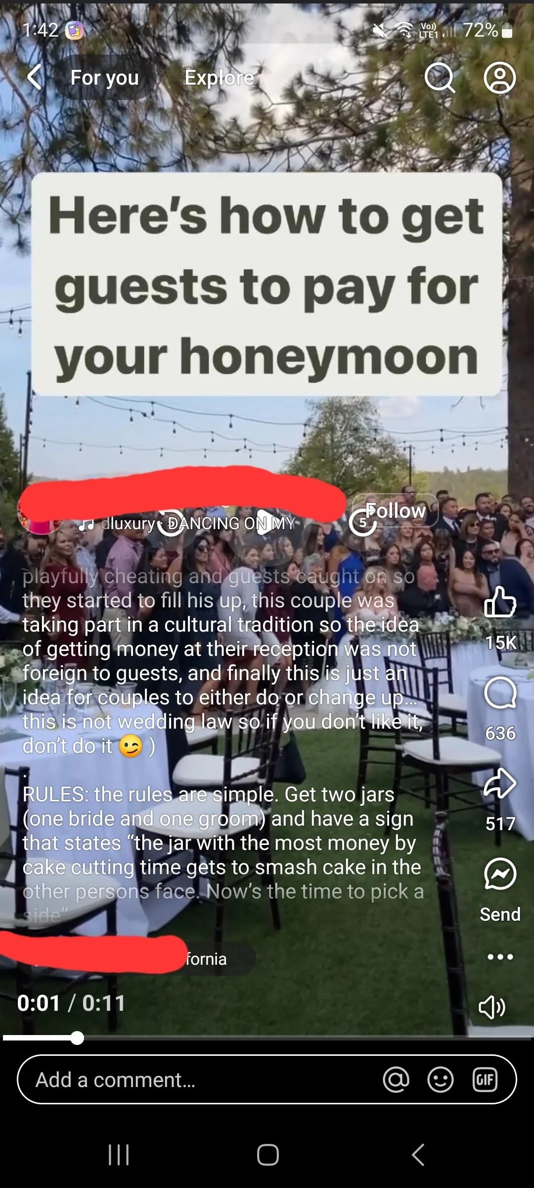 Screenshot of a societal  media station  suggesting a wedding crippled  wherever  guests lend  to the honeymoon money  by voting with currency  successful  jars for the archetypal  creation   song