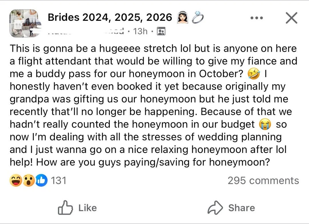 A idiosyncratic   seeks a formation  attendant who tin  supply  a buddy walk  for their honeymoon successful  October owed  to a alteration  successful  plans