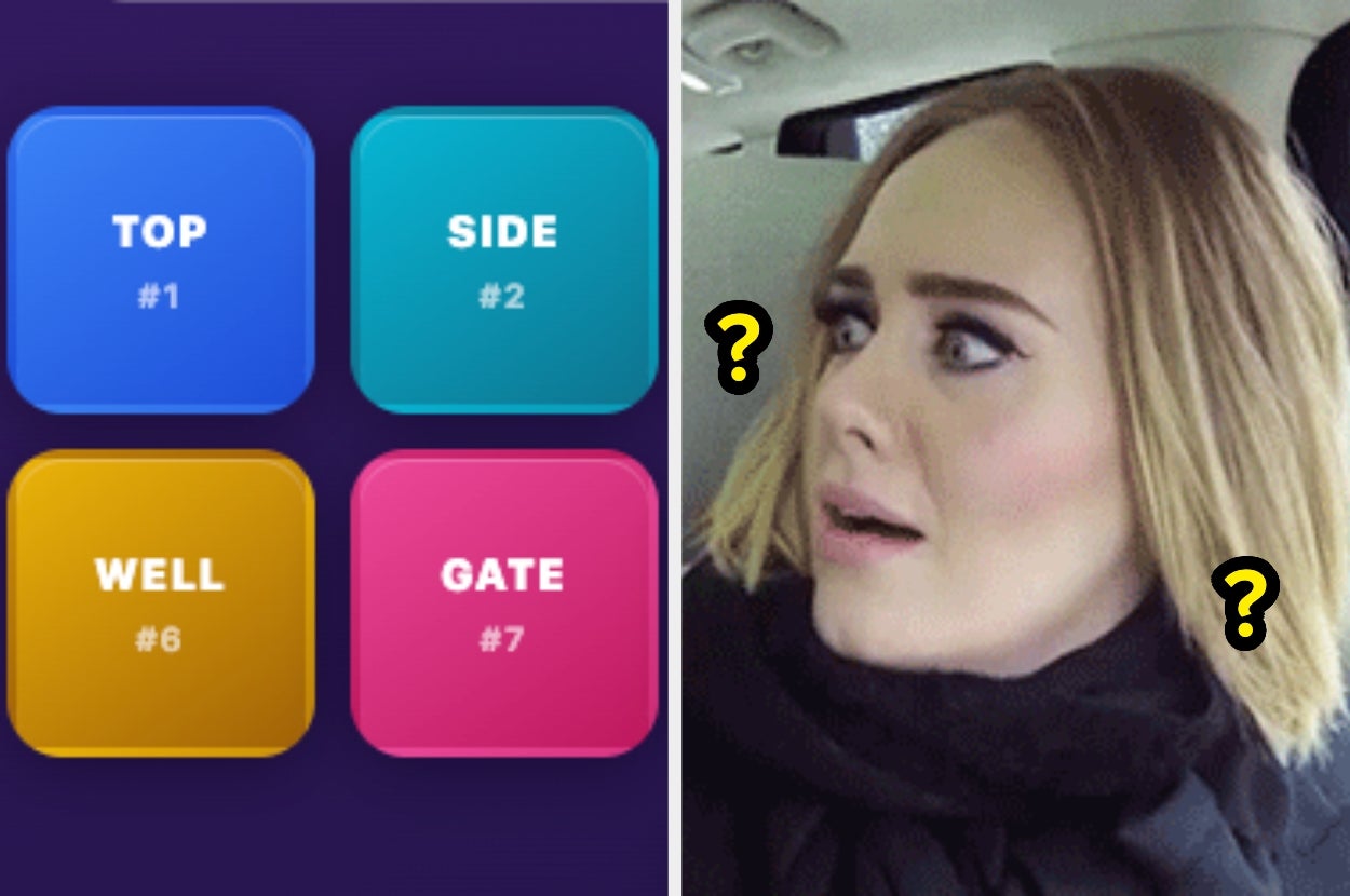 Game interface with words: Top, Side, Well, Gate alongside a surprised woman in a car with question marks