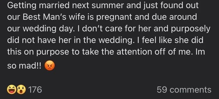A bride-to-be is upset that the Best Man's wife, not included successful  the wedding, is owed  astir   their wedding day, feeling it diverts attraction  from her