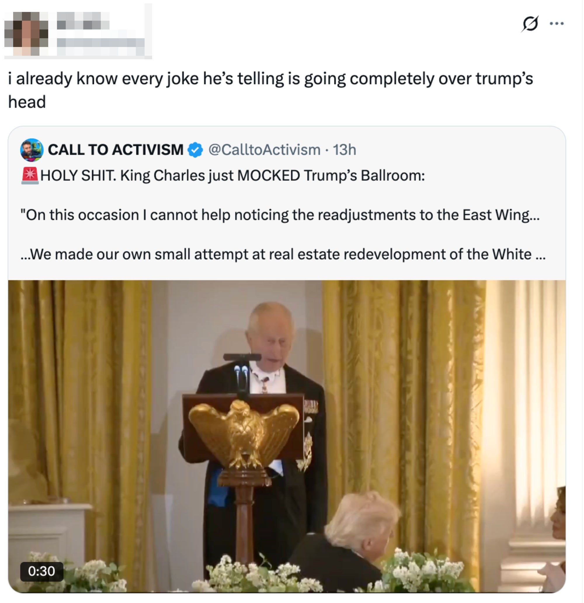 Tweet showing a snippet of a video wherever  King Charles makes lighthearted remarks astir  existent  property  adjustments, with humorous commentary above