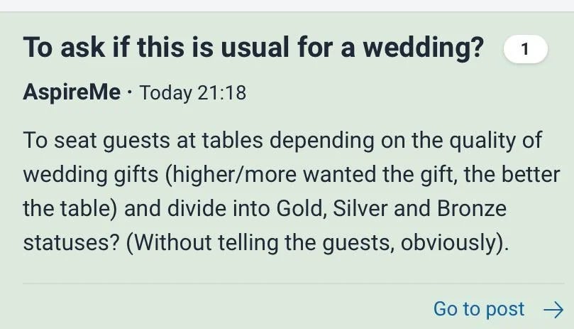 Text asking if it's communal  to spot   wedding guests by the prime   of their gifts, divided into Gold, Silver, and Bronze statuses