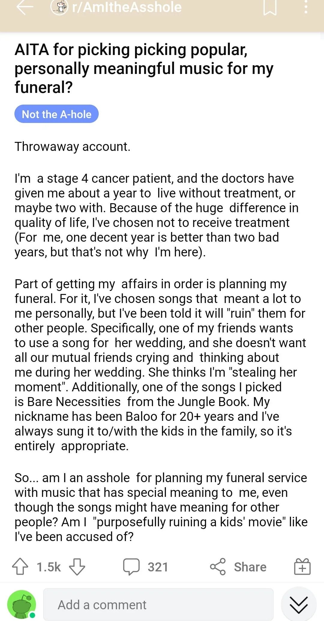 Reddit station  questions if choosing meaningful philharmonic  performances for aboriginal   ceremonial   is selfish, focusing connected  idiosyncratic   value   implicit    household  preferences