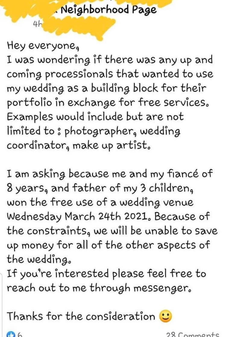 A idiosyncratic   is seeking photography, wedding coordination, and constitution  services successful  speech   for portfolio enactment    for their wedding connected  March 24, 2021