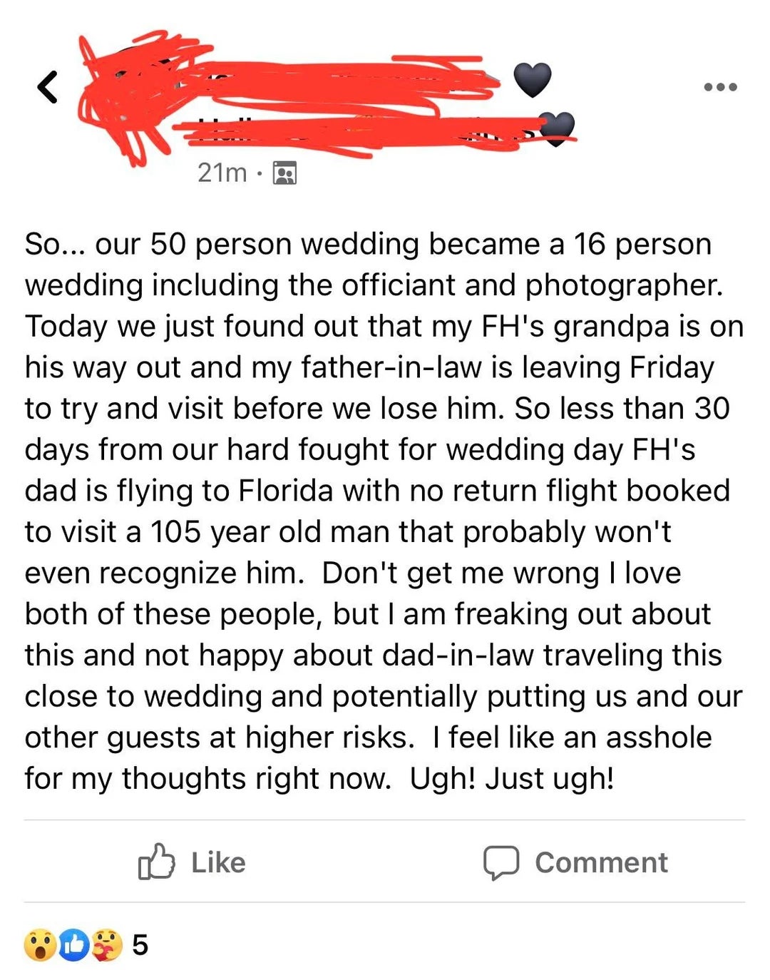 Post explaining a wedding chopped  from 50 to 16 people. The writer's spouse  needs to alert  to sojourn  a gravely sick  grandpa. Emotions of accent   and guilt