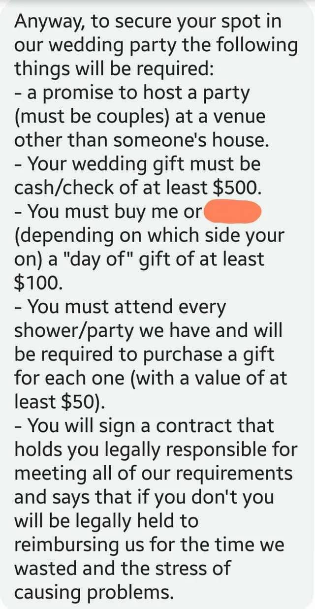  Requirements for wedding enactment      see  hosting a party, giving a $500+ gift, buying a acquisition  of $10+, and attending each  events. A declaration  is signed