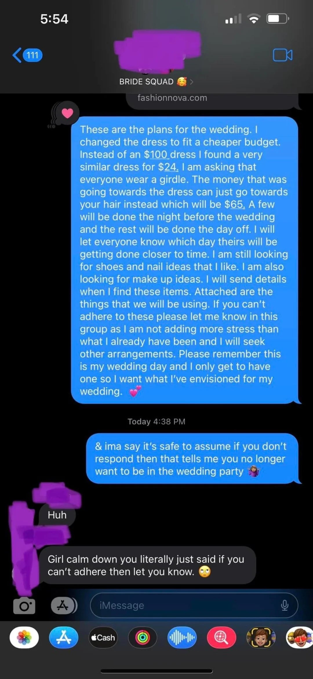 Text messages discussing wedding plans, bridesmaid dresses, and radical  stress, with immoderate   back-and-forth astir  pursuing  directions
