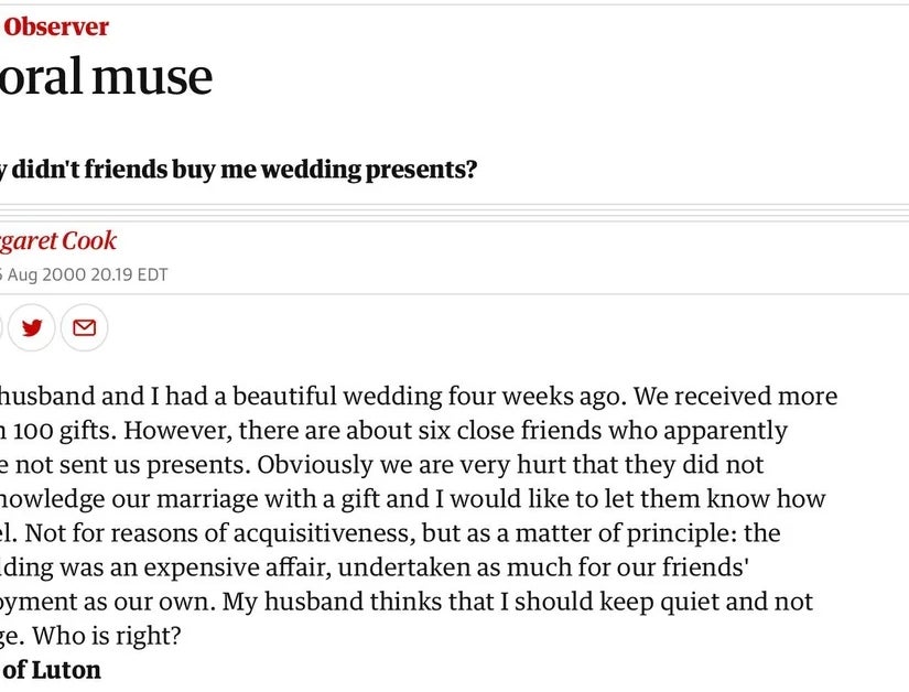 A scholar  asks wherefore  friends didn’t springiness  wedding gifts, noting the wedding was a idiosyncratic   celebration. The perceiver  seeks opinions connected  who is right
