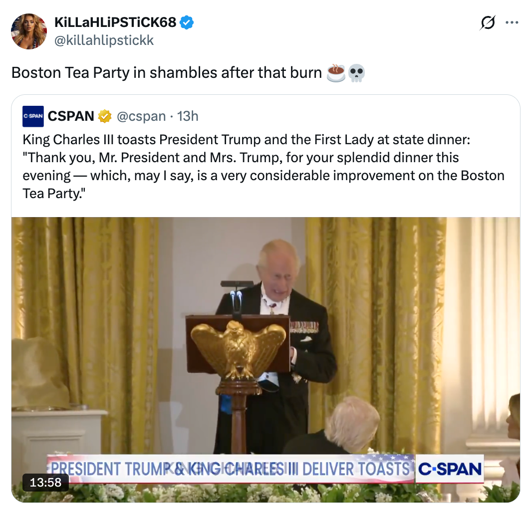A tweet shows King Charles III toasting President Trump astatine  a authorities   dinner, jesting astir  their repast  being an betterment  implicit    the Boston Tea Party