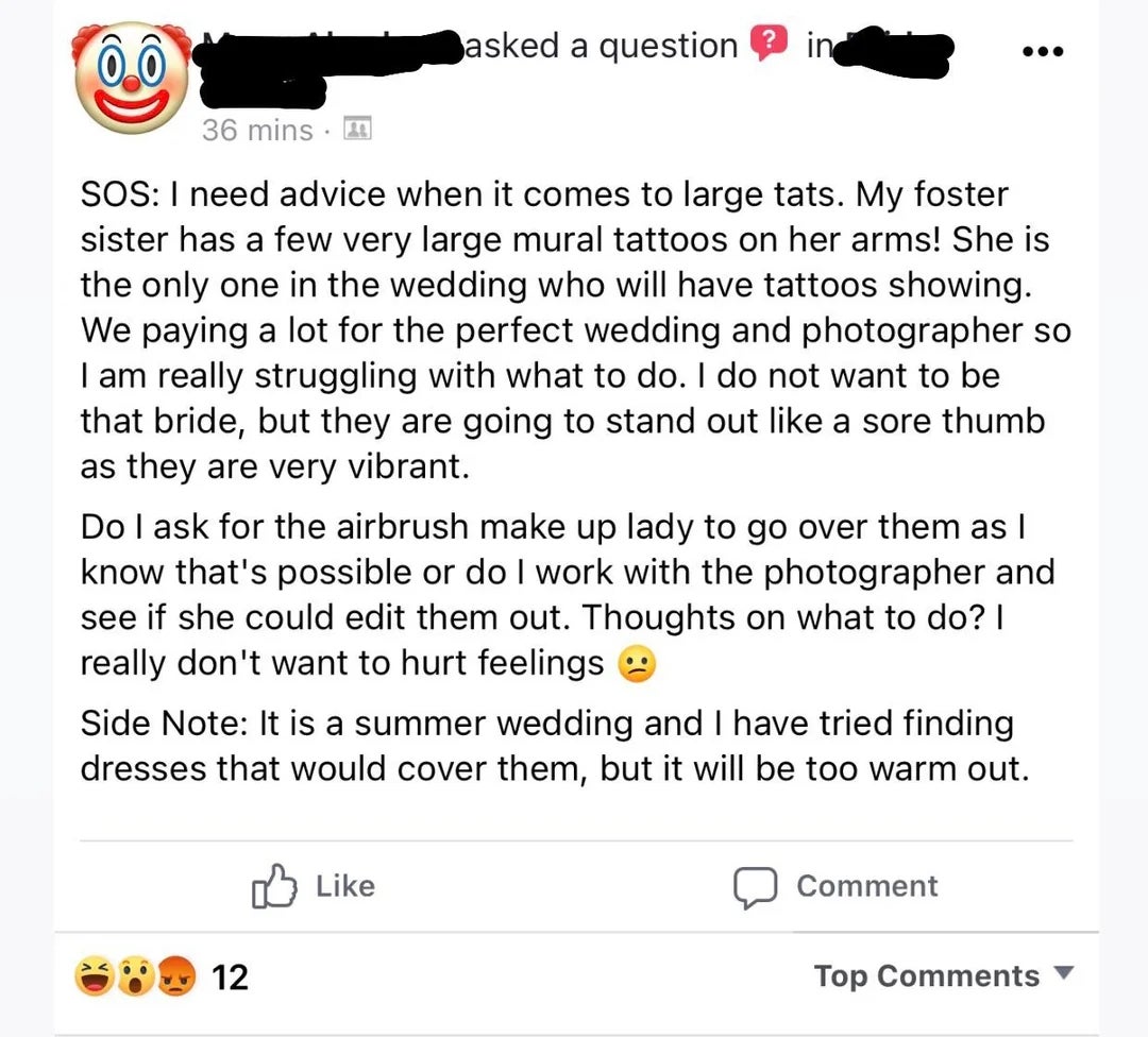 Post asking for proposal  connected  covering tattoos for a summertime  wedding. The writer's foster sister, a bridesmaid, has ample  tattoos, and they're unsure however  to proceed