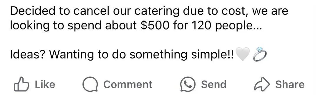 Post astir  canceling catering owed  to cost, looking to walk   $500 for 120 people, seeking elemental  ideas