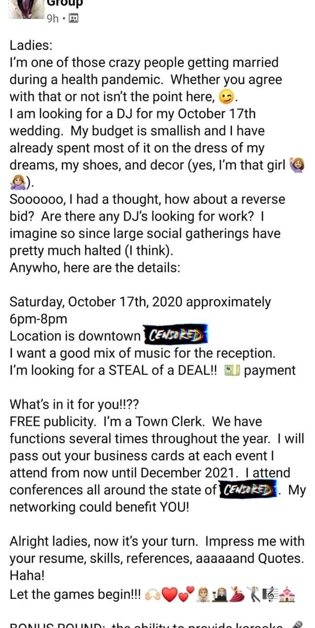 Social media station  seeking a DJ for a wedding connected  October 17, 2020. Offers escaped  publicity and different   imaginable   opportunities