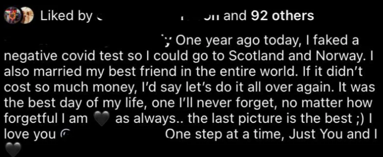 Summary of a idiosyncratic   connection   astir  faking a COVID trial  to travel, getting married, and cherishing the memory