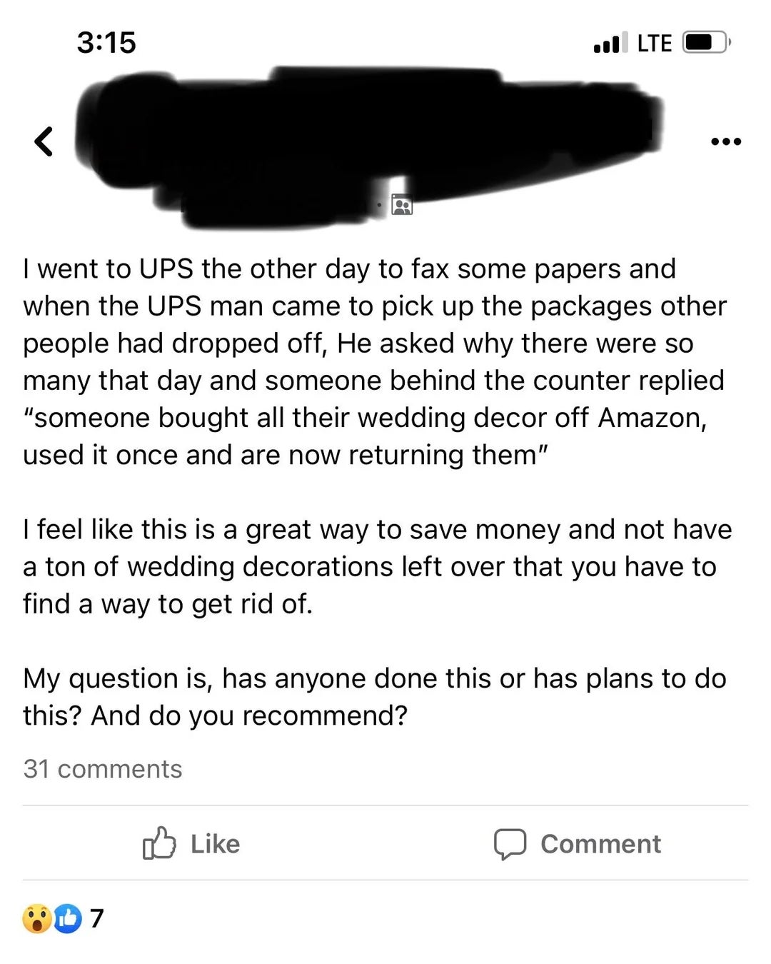 Summary of a societal  media station  discussing redeeming  wealth  by returning wedding decor bought online aft  use, seeking proposal  connected  the practice
