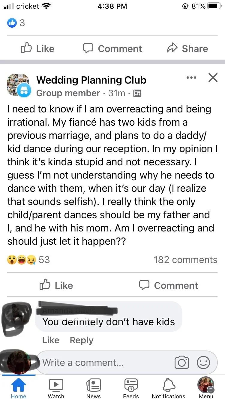 A idiosyncratic   questions if they are overreacting to their fiancé's program  to creation   with his kids from a erstwhile   matrimony  astatine  their wedding