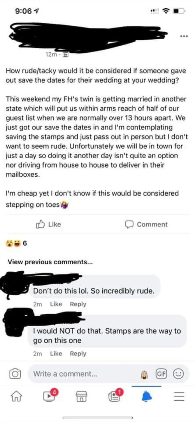 A Facebook station  discusses the etiquette of sending integer  save-the-date announcements alternatively  of stamps, with comments expressing disapproval