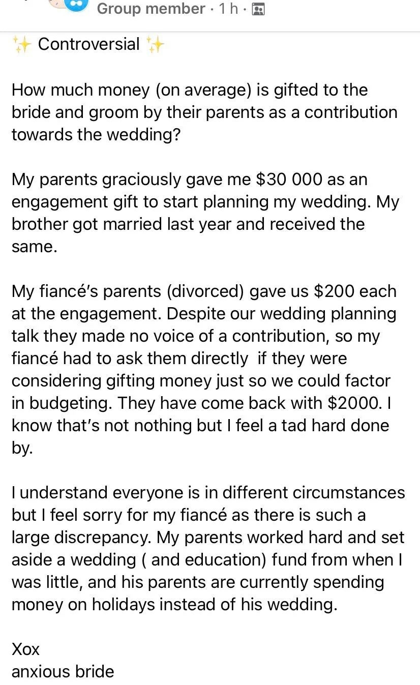 Bride questions parents' fiscal  publication  discrepancy for weddings; her household  gave $30K portion    fiancé's household  offers $200, causing stress