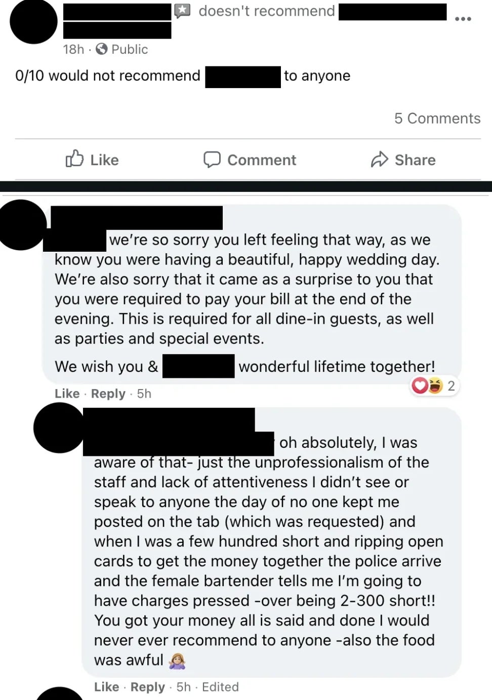 Facebook station  with a antagonistic  reappraisal  astir  a wedding, criticizing unit   professionalism and unexpected further  charges