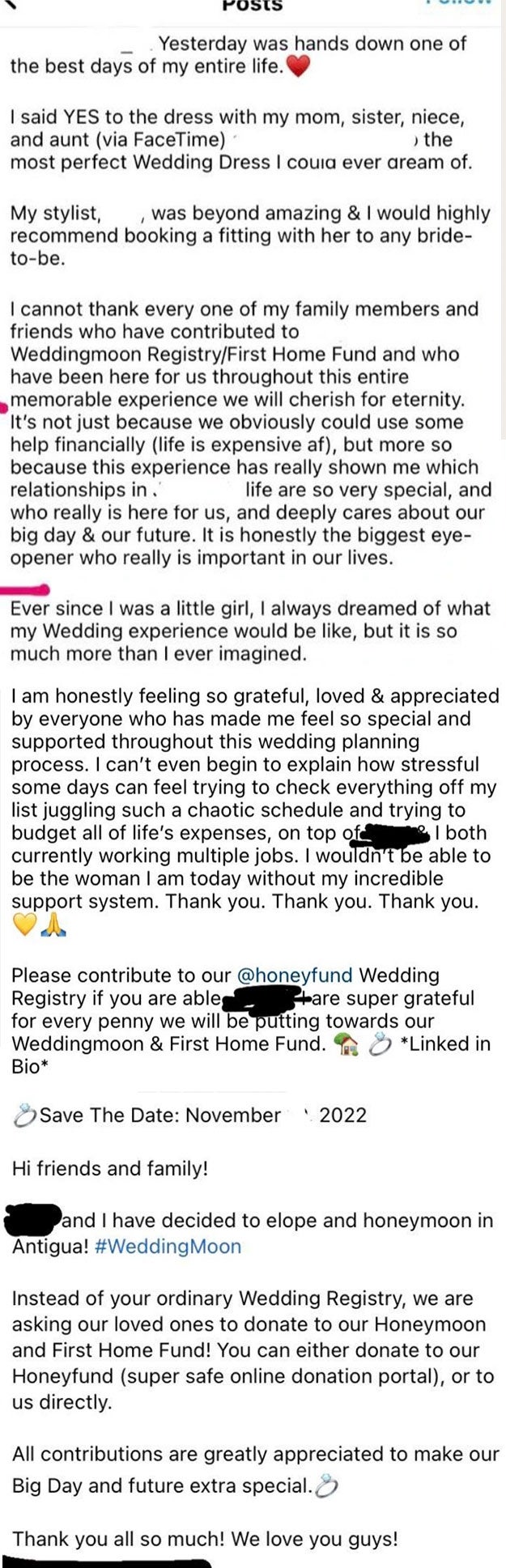 A bride shares her excitement implicit    uncovering  a wedding dress, acknowledgment  household  and friends, and announces a honeymoon fundraiser for Antigua