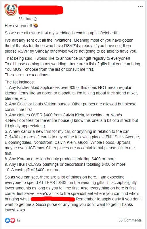Social media station  requesting nary  wedding gifts implicit    $350, stressing circumstantial  brands and alternatives, and requiring RSVP confirmation to attend