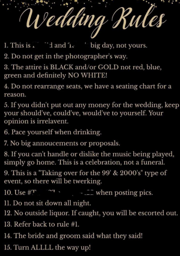 Summary of wedding rules, detailing expected attire, behavior, and etiquette, with a absorption   connected  keeping the time  enjoyable and successful  enactment     with the couple's wishes