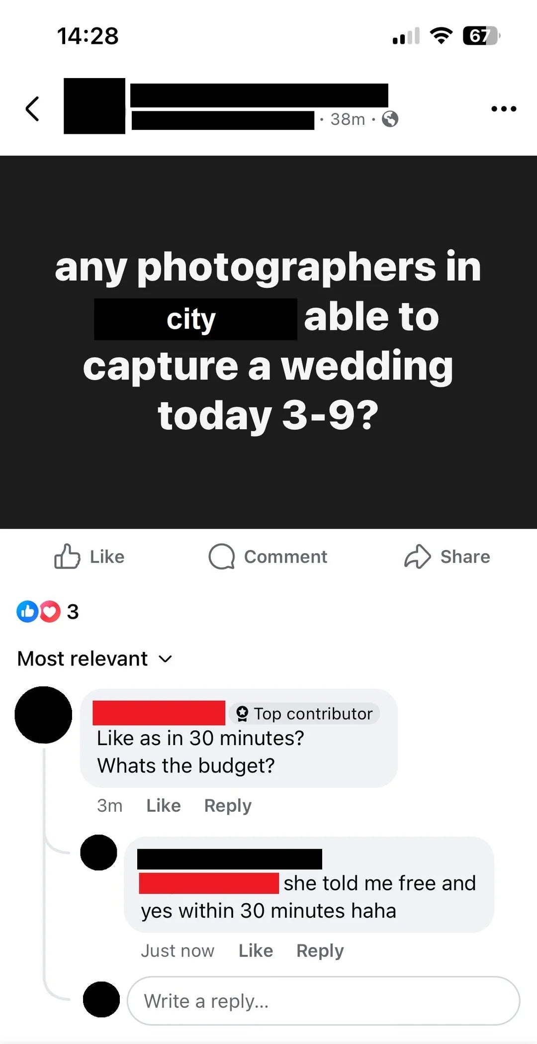 A Facebook station  asks for a wedding lensman  disposable  contiguous    from 3-9. Comments sermon   fund  and urgency