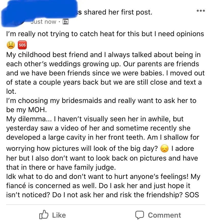 A idiosyncratic   seeks proposal  connected  asking a person  to beryllium  their Maid of Honor, acrophobic   astir  her quality  successful  photos aft  dental treatment