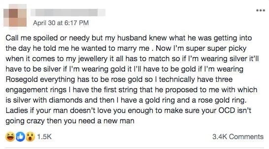 Social media station  astir  matching jewelry sets and narration   expectations, mentioning OCD and the request   for a caller   spouse  if not appreciated