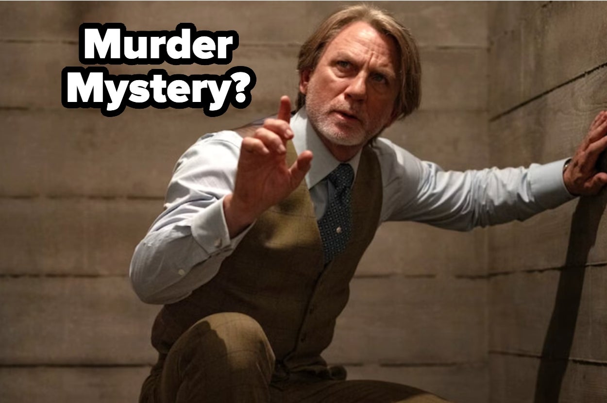 Man in a vest and tie appears cautious, poised to act. Text reads: "Murder Mystery?"
