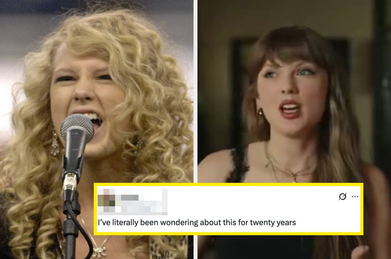 Two-part image with a singer performing and the same person in a more recent appearance. Text reads: "I've literally been wondering about this for twenty years."