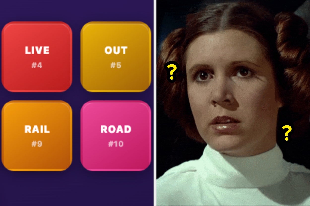Image split: left shows a word grid with "Live," "Out," "Rail," "Road"; right shows a woman with hair buns and two question marks