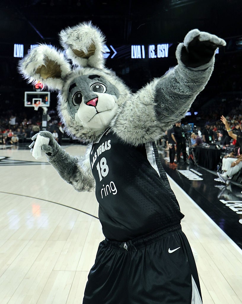 A hoops  mascot successful  a bunny costume poses energetically connected  the court, wearing a jersey with the fig   18
