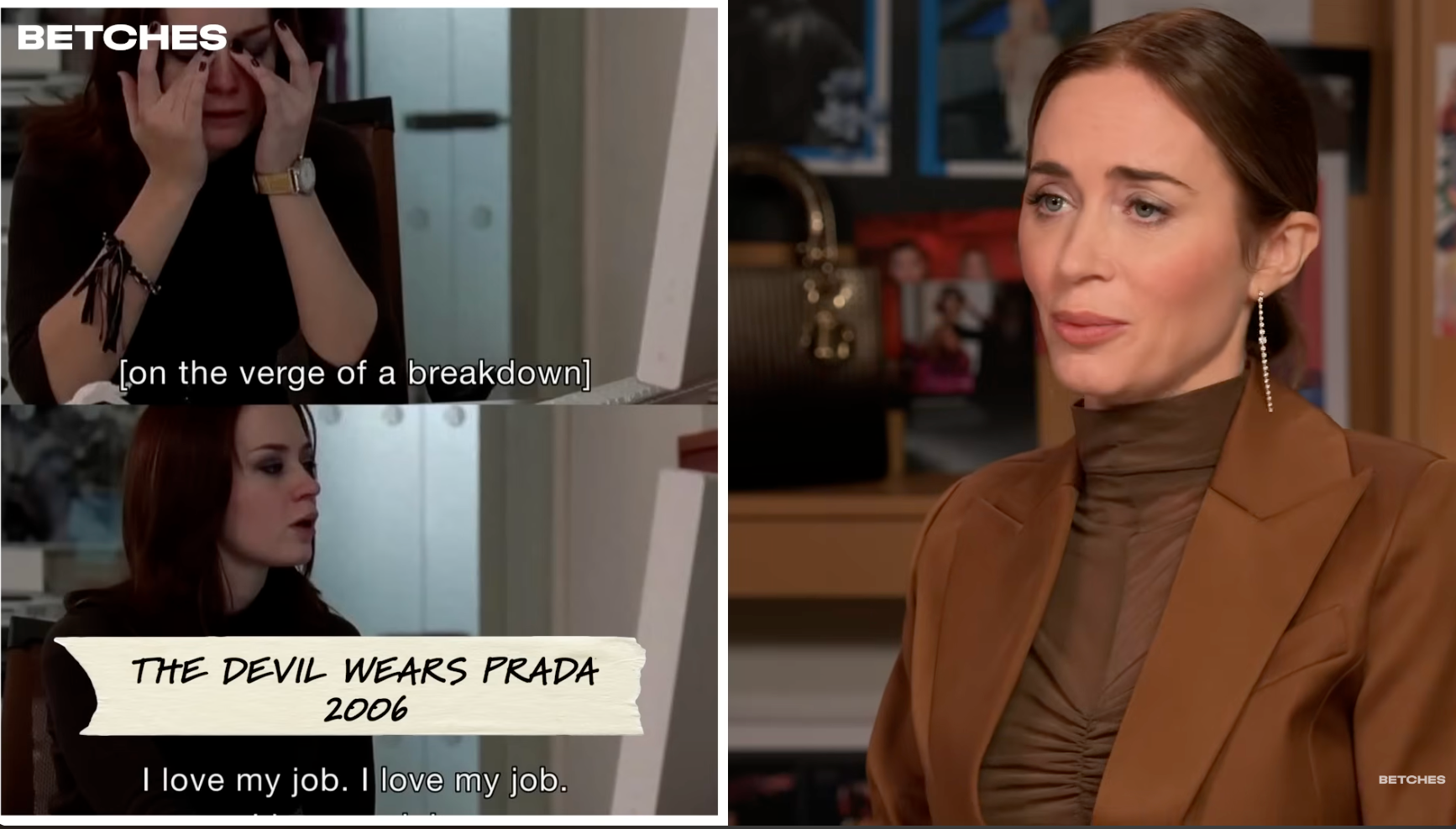  Left shows a country   from "The Devil Wears Prada" with 2  captions, close    shows a personage  successful  a brownish  suit   and sleek hairstyle