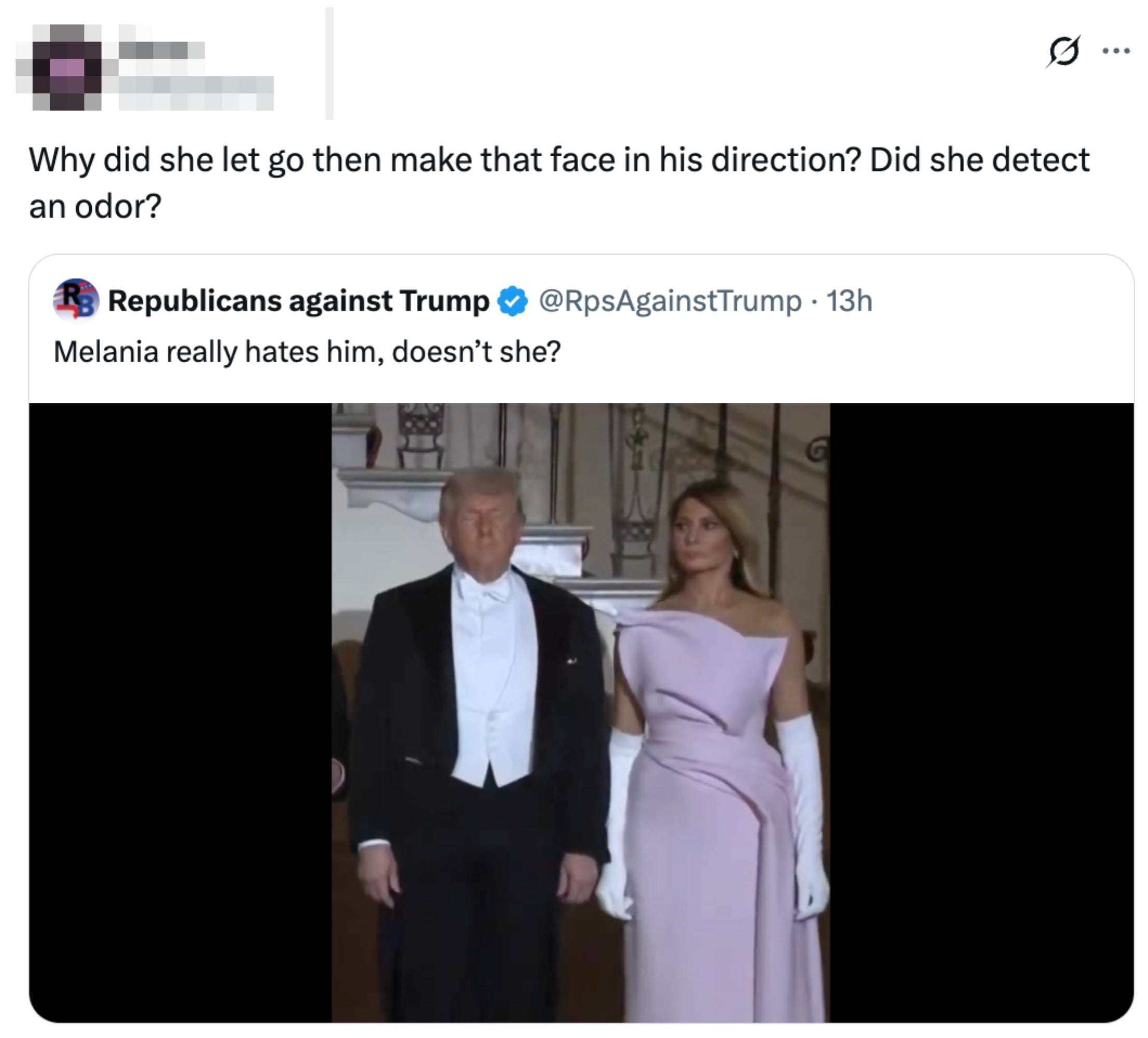 A antheral   successful  a tuxedo and a pistillate   successful  an elegant off-shoulder gown basal   together; Twitter station  caption suggests hostility  betwixt  them