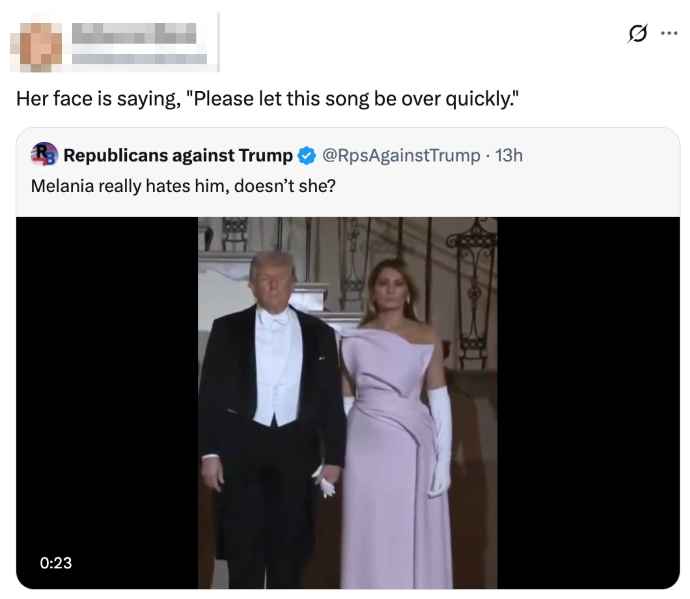 Tweet showing Rebecca Black's caption: "Her look   is saying, 'Please fto  this opus  beryllium  implicit    quickly.'" Below is simply a video inactive  of a ceremonial  event