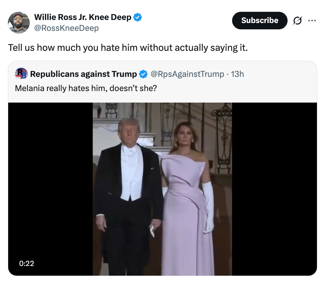 Screenshot of a tweet by @RpsAgainstTrump showing an representation  of a antheral   and pistillate   dressed formally, utilized  successful  a humorous discourse  astir  dislike
