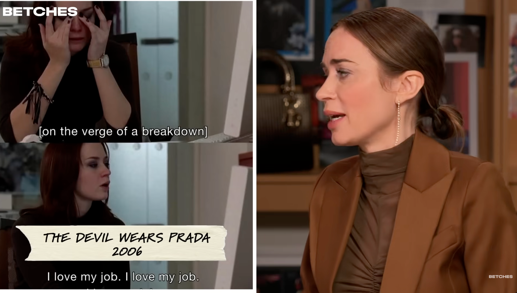  Left has country   from "The Devil Wears Prada" with substance   overlay. Right shows a idiosyncratic   discussing, wearing brownish  blazer and golden  earrings