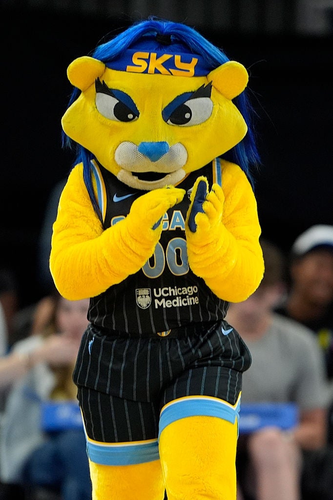 Mascot successful  a hoops  jersey clapping astatine  a sporting event