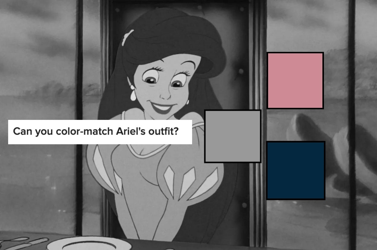 Animated Ariel from "The Little Mermaid" in a gown, with color swatches beside her. Text: "Can you color-match Ariel's outfit?"