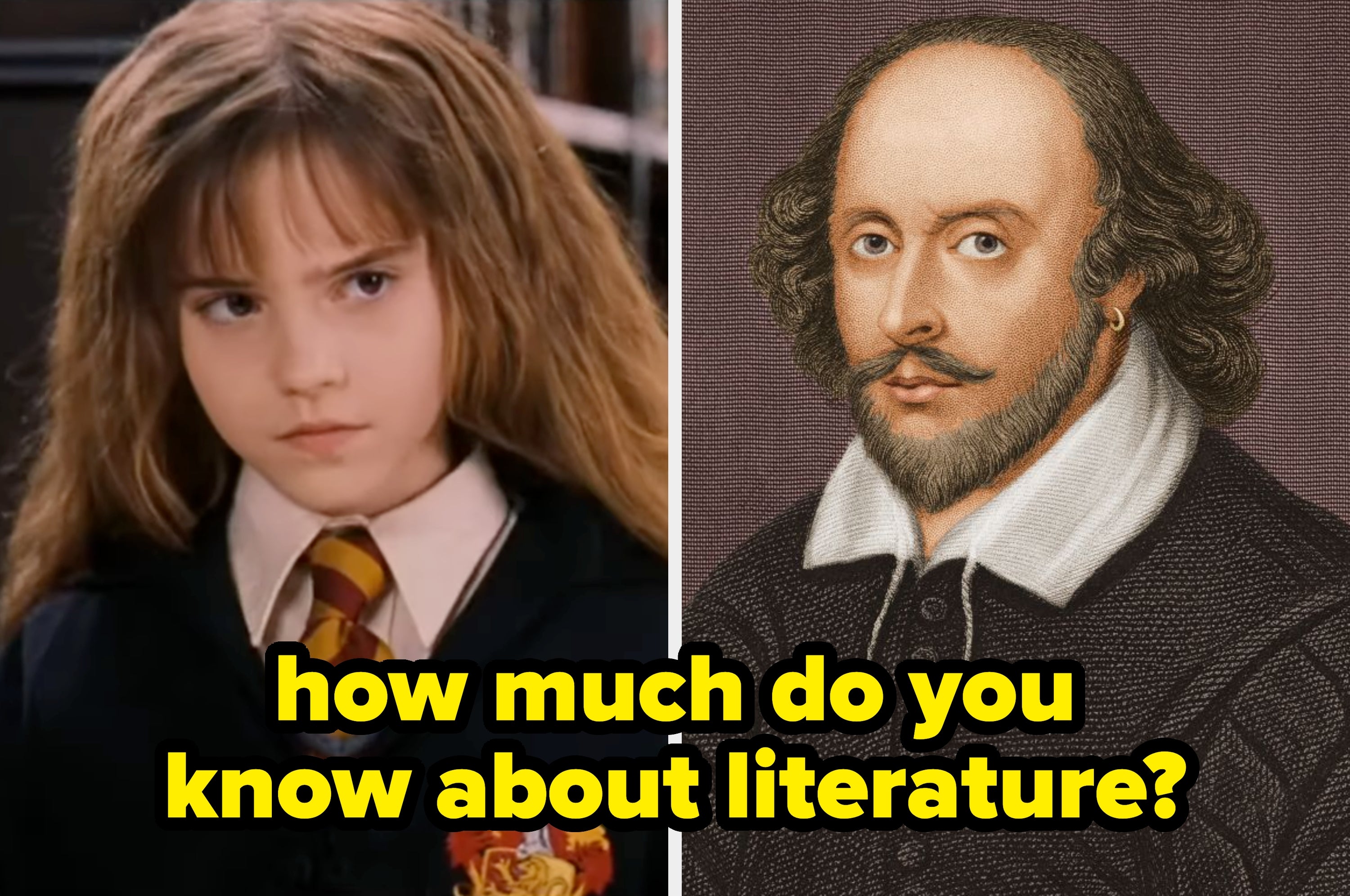 A young girl with bushy hair wears a school uniform next to a historic portrait of Shakespeare. Text asks, "how much do you know about books?"