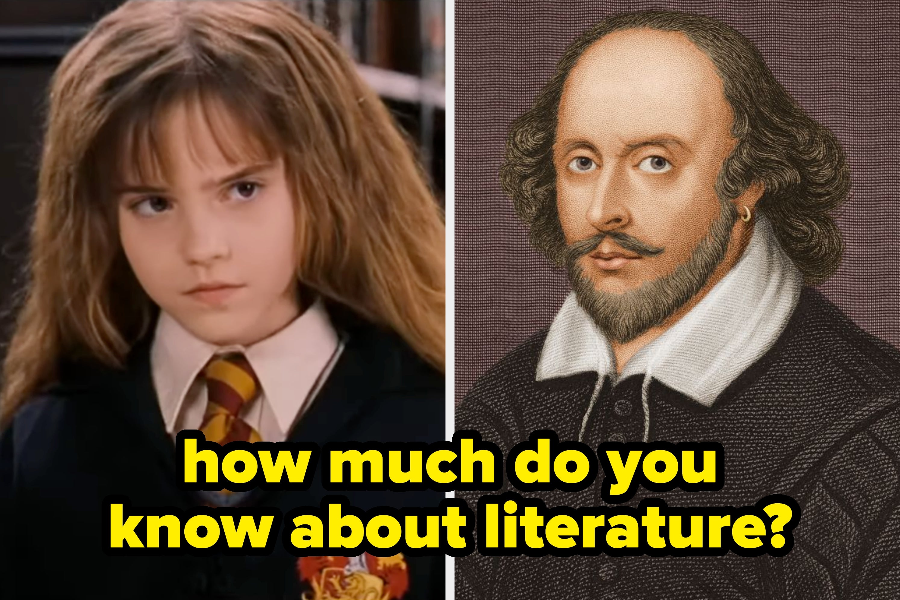 A young girl with bushy hair wears a school uniform next to a historic portrait of Shakespeare. Text asks, "how much do you know about books?"