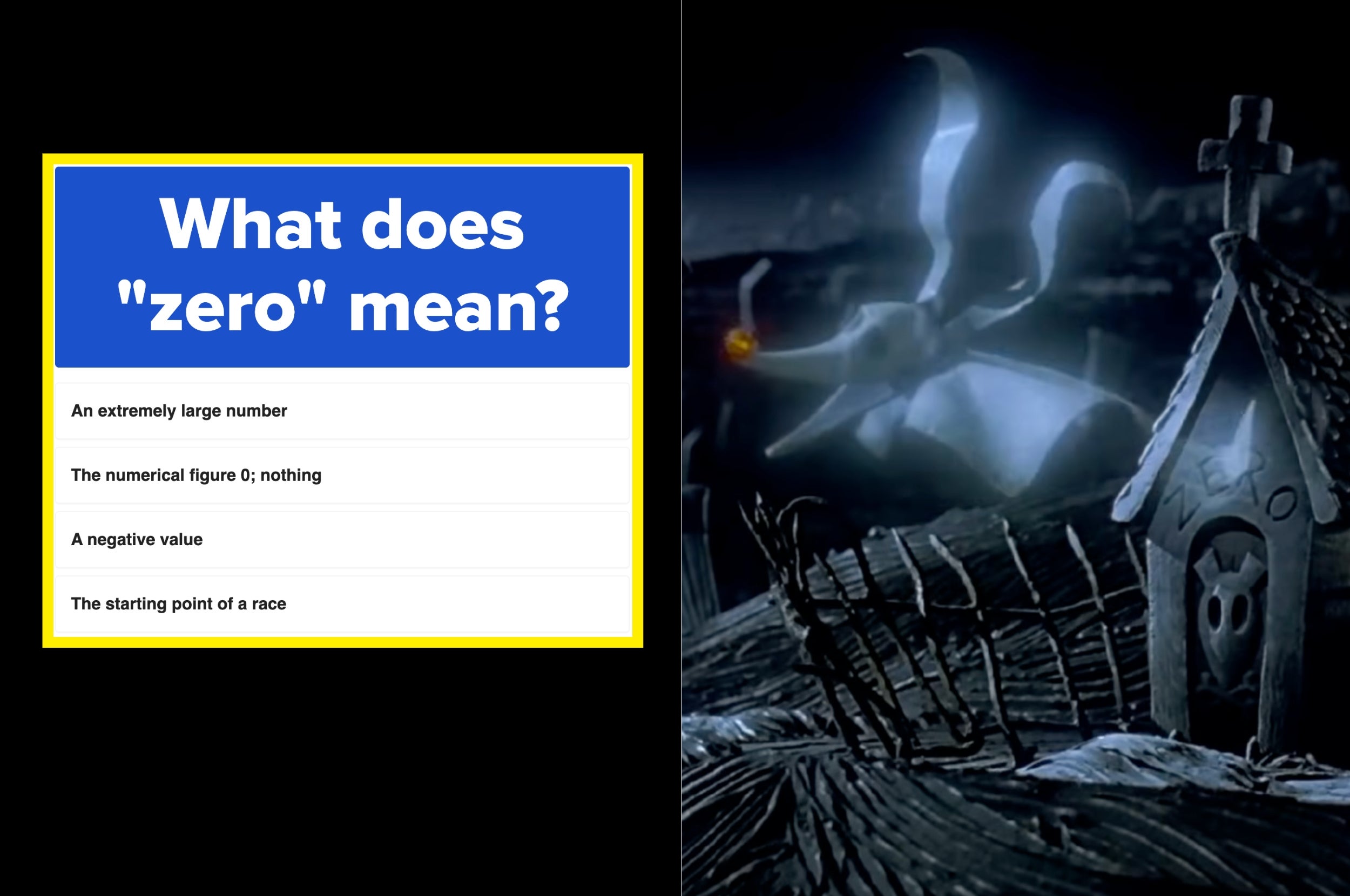 Quiz question: What does "zero" mean? Options: a large number, numerical figure 0/nothing, a negative value, race starting point