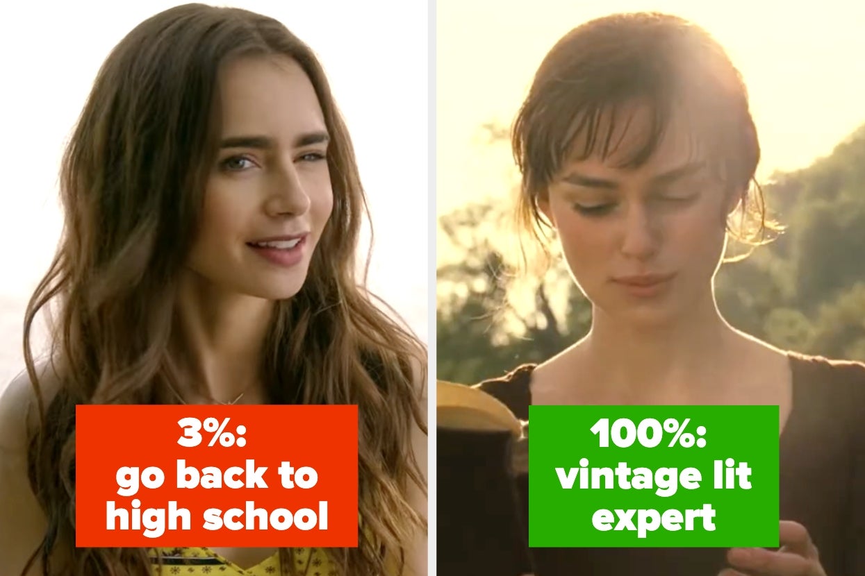 Two women from films with text: "3%: go back to high school," "100%: vintage lit expert," referring to differences in perceived expertise