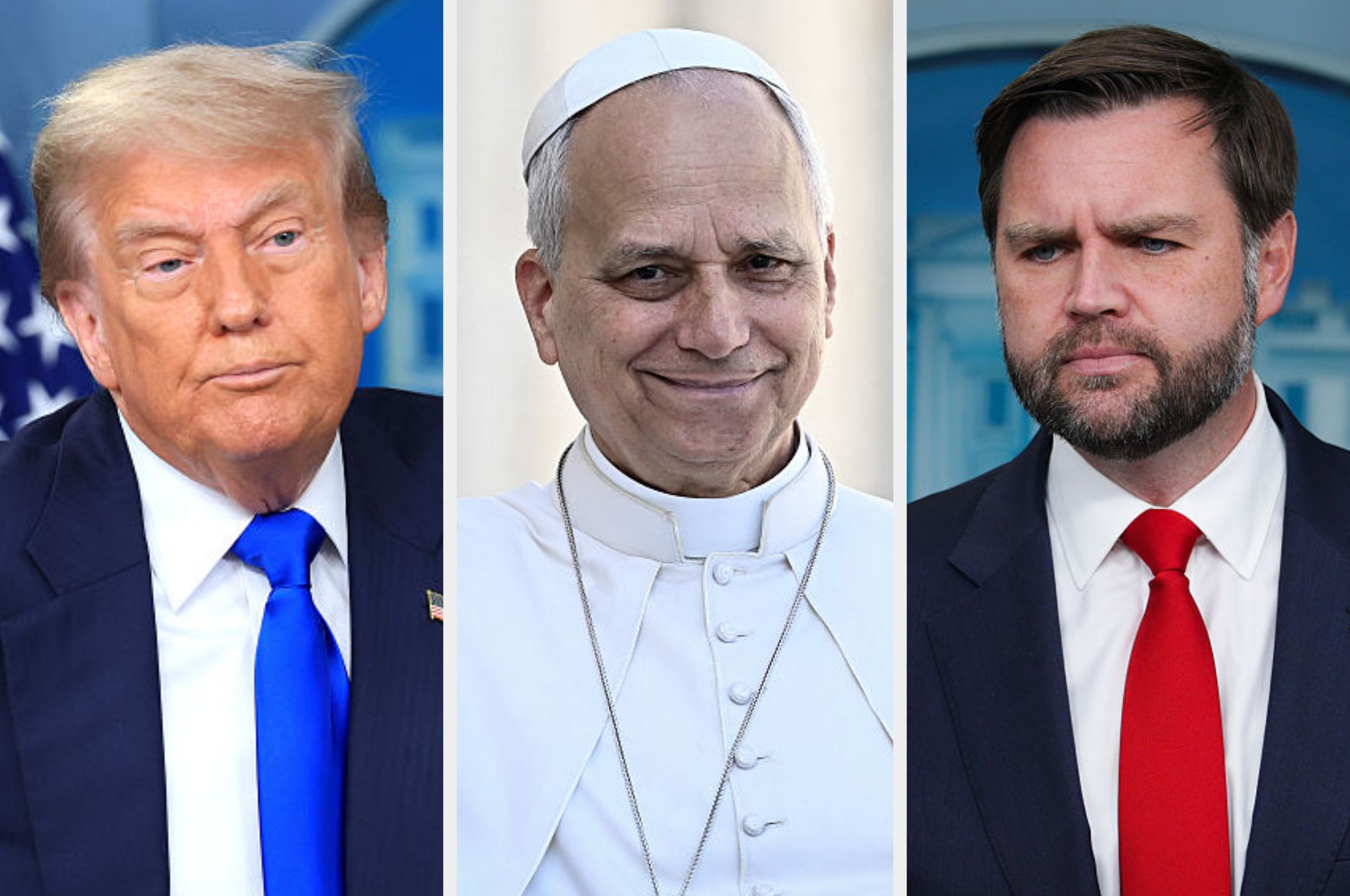  1  with a bluish  tie, a spiritual  fig  successful  Pope attire, and 1  with a reddish  tie