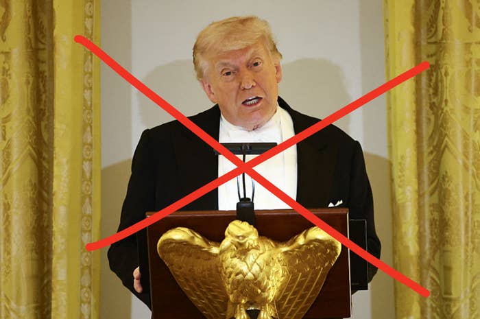 A antheral   successful  a tuxedo speaks astatine  a podium with an eagle emblem. A reddish  "X" is implicit    the image