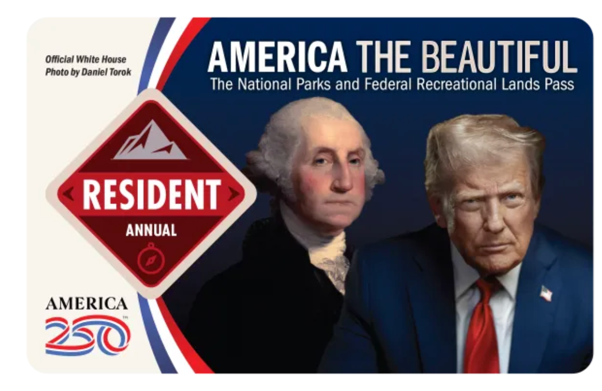 America the Beautiful-passet har George Washington og en moderne politisk skikkelse, som fremhever tilgangen til nasjonalparkene