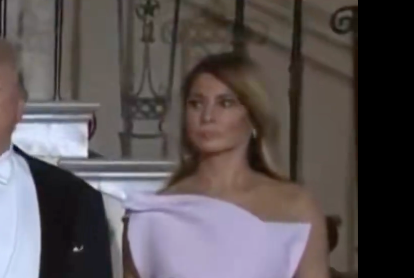 A pistillate   successful  an off-the-shoulder, elegant gown stands adjacent  to a idiosyncratic   successful  a ceremonial  achromatic  suit, attending a ceremonial  event