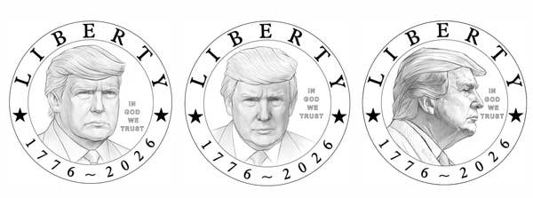 Illustration of three coins featuring the profile and front views of a man with the text "Liberty," "In God We Trust," and "1776-2026."