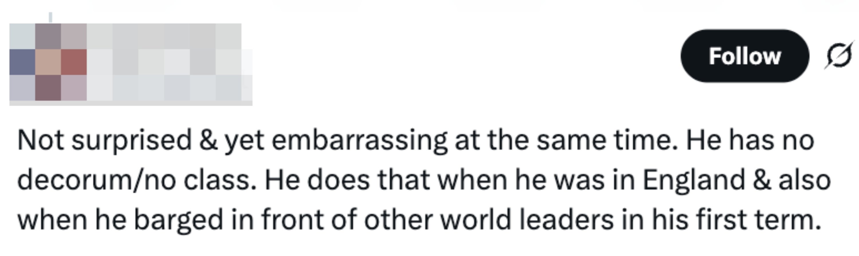 Tweet av Mary K Myal som kritiserer en leder for mangel på dekor under internasjonale besøk og interaksjoner med andre ledere